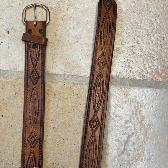 Genuine Leather Belt Brown Cognac Tulled silver buckle distressed Mexico - Picture 3 of 10